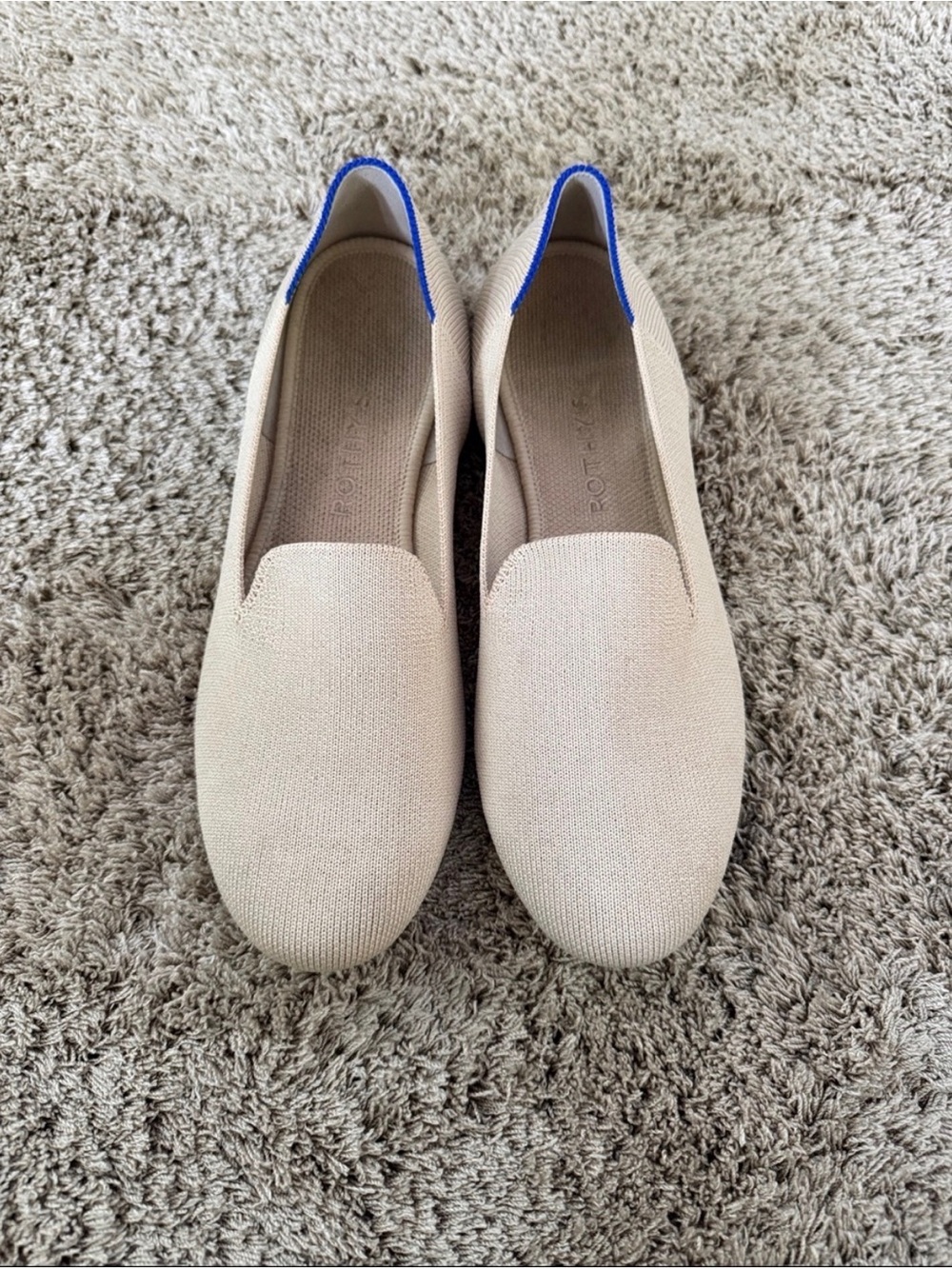 Rothy's Beige Knit Slip-On Flats with Blue Trim